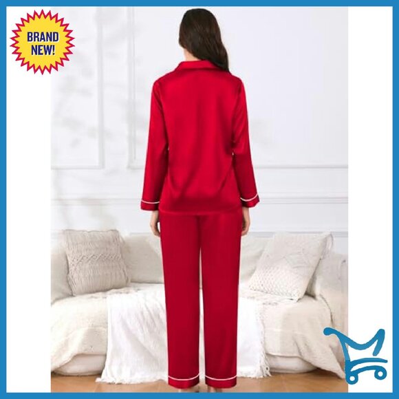 Silk Satin Matching Pajama Set Long Sleeve Button Down Sleepwear - Picture 5 of 8